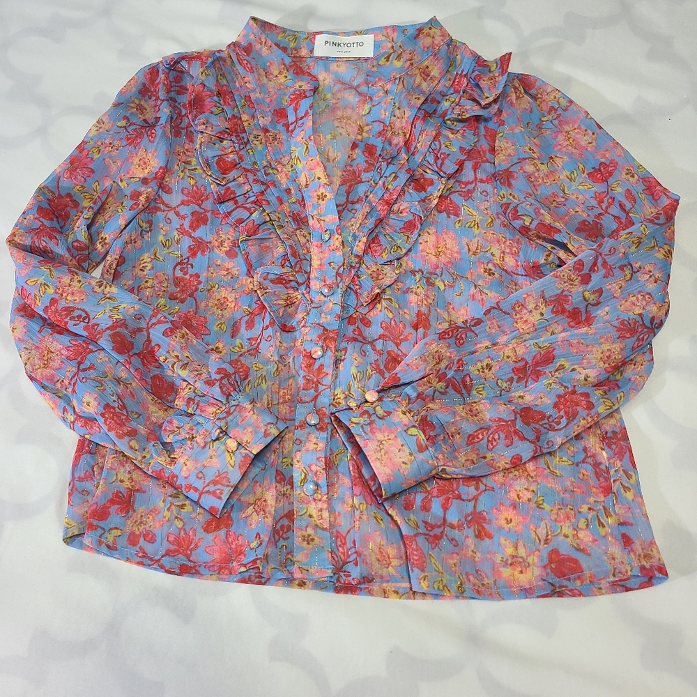PINKYOTTO Flowered Ruffle Button Down Blouse Size Med - Picture 7 of 10